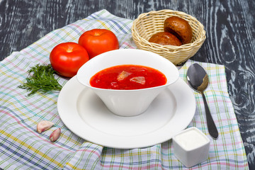 borscht soup with meat, cabbage, beetroot and tomatoes