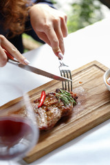 Gourmet meat meals assortment flat lay. Top view on restaurant table with menu of tasty grilled snacks. Concept for restaurant menu.