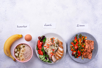 Breakfast, lunch and dinner. Day menu