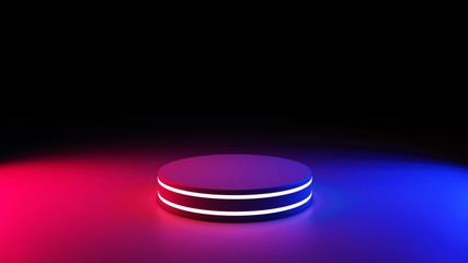 Neon stage or podium. Platform with blue and red lights. 3D-rendering.