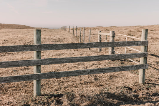Fence and fields, pasture and farmland,Fence across vast farm and pasture, Pt. Reyes National Seashore, California