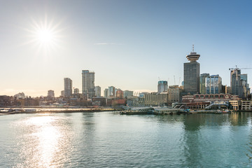 Fototapeta na wymiar Vancouver, British Columbia, Canada - December, 2019 - Beautiful view of Downtown central Business district, including the Harbour Centre