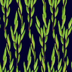 Seamless watercolor pattern with green leaves on willow branches on dark blue background. Vintage style. Botany pattern for wrapping paper, fabrics, invitations.
