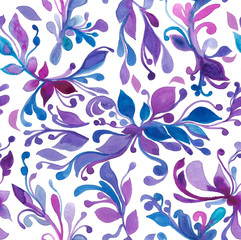 Watercolor lilac and blue seamless pattern on a white background. Curls, flowing lines, elegant print. Design for wallpaper, fabric, textile, packaging, wedding design. Vintage art, folk painting.