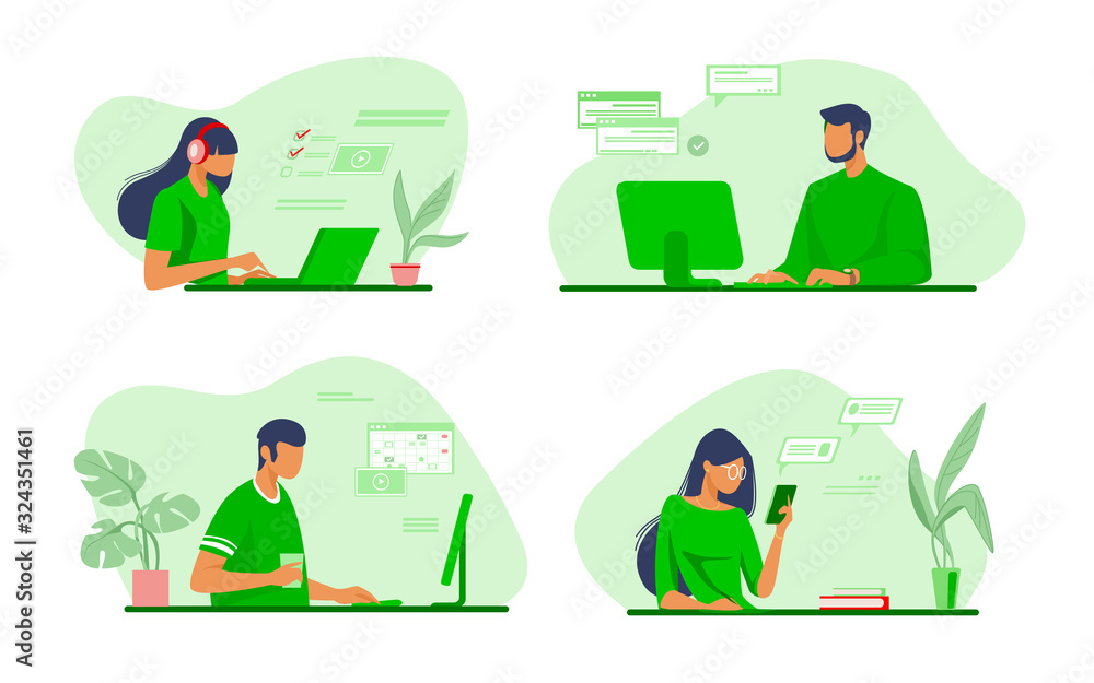 Poster people using online apps set. professionals using computers and cellphones for work or chat. flat ve