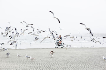 teen girl biking on sandy beach by the ocean, St. Simon's Island, Georgia,St Simon's Island