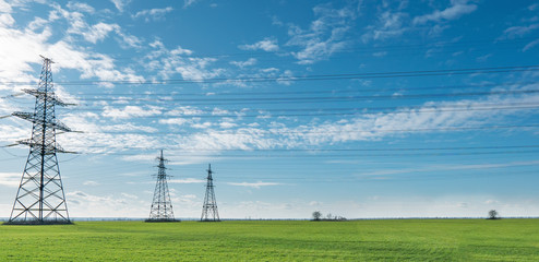 Electrical net of poles on a panorama of blue sky and green meadow