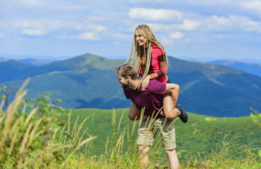 Romantic feelings. happy to be together. couple in love. Family relationship. best romantic date. Valentines day. sense of freedom. Traveling couple have fun. man and woman in mountains