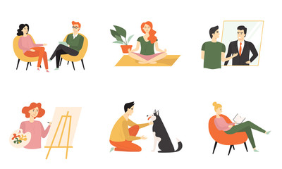 Fototapeta premium Set of cute people caring about their mental health. Practicing psychotherapy, meditation, art therapy, affirmation, read books and communicate with animals. Vector flat cartoon illustration