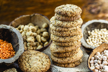 vegan cookie, without milk. Syrian lentils, soybeans, large chickpeas, light soybeans. Healthy vegetarian life concept. Vegan dessert made on wing.