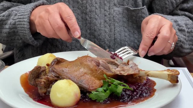 Close up of elderly hands eating thanksgiving turkey with potato dumpling 