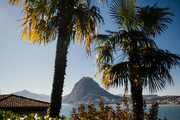 Sunny day. View on Lake Lugano, Monte Bre and Monte Boglia in the background. Lake Lugano is a glacial lake on the border between Switzerland and Italy. Palm trees.