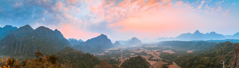 Sunrise panoramic view of Nam Xay View Point with beautiful mountain in background, Vang Vieng, Vientiane Province, Laos