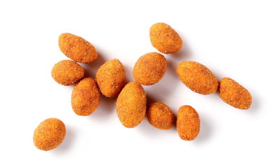 Spicy peanuts pile isolated on white background, top view