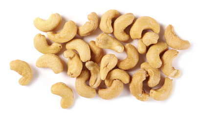 Salted cashew nuts isolated on white background, top view