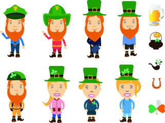 Saint Patrick's Day set. Professions with leprechauns suite and traditional elements: hat, pot of gold, smoke pipe, horseshoe and beer . Vector illustration