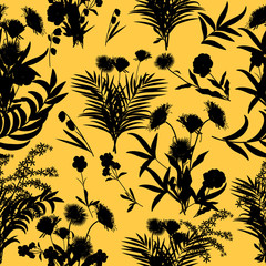 Seamless vector pattern black flowers and tropical leaves on yellow background
