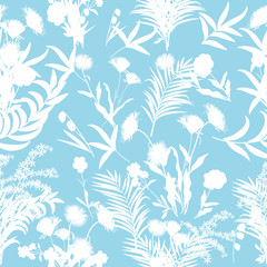 Fototapeta na wymiar Seamless vector pattern white flowers and tropical leaves on blue background