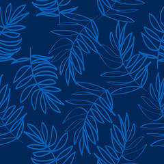 Fototapeta na wymiar Seamless vector pattern abstract blue tropical leaves on dark background