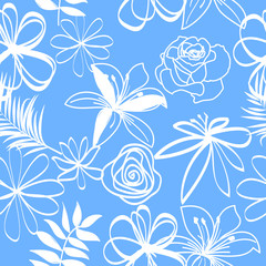 Seamless vector pattern abstract flowers and tropical leaves on blue background