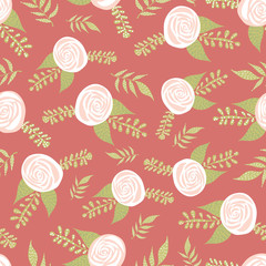 White roses seamless vector pattern with flat stylized Scandinavian flowers in pink and white on a rose background. Decorative summer or spring florals for fabric, surface decor, wallpaper, packaging