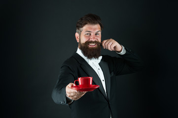 Drinking coffee. Businessman enjoy coffee break. Preparing caffeine beverage. Cafe equipment. Buy whole roasted arabica beans. Try best coffee in your life. Man bearded hipster prepared coffee