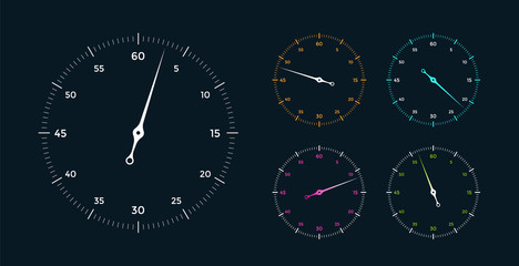 Set of white clock face for with pointer on black background. Vector Illustration