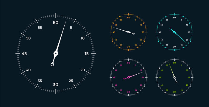Set of white clock face for with pointer on black background. Vector Illustration