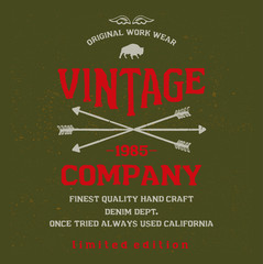 Vector illustration on a theme of American jeans, denim and raw. Vintage design. Grunge background. Typography, t-shirt graphics, print, poster, banner, flyer, postcard