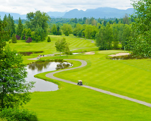 Golf course with gorgeous green and pond.