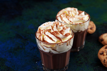 hot chocolate with cocoa and chocolate chip cookies and whipped cream