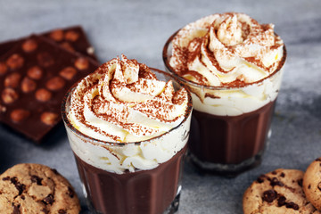 hot chocolate with cocoa and chocolate chip cookies and whipped cream