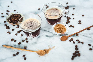 Espresso with Coarse Ground Sugar and Coffee Beans