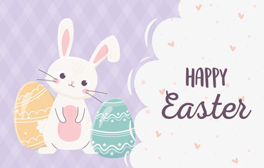 happy easter lettering rabbit with eggs decoration celebration