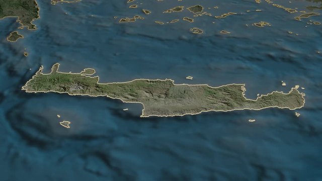 Crete, decentralized administration with its capital, zoomed and extruded on the satellite map of Greece in the conformal Stereographic projection. Animation 3D