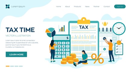 Concept tax payment. Data analysis, paperwork, financial research report and calculation of tax return. Payment of debt. Government, state taxes. Vector illustration in flat style with characters.