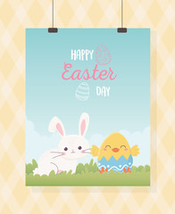happy easter hanging card cute rabbit and chicken in eggshell grass