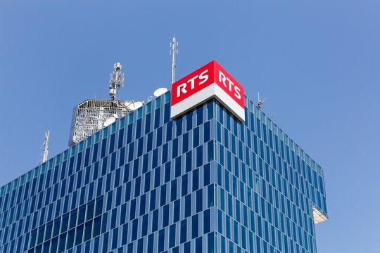 Geneva, Switzerland - August 14, 2016:  RTS building in Geneva. The RTS Radio T&eacute;l&eacute;vision Suisse is a Swiss public broadcasting organisation