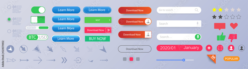 Poster set of vector modern material style buttons. different gradient colors and icons. empty web buttons.