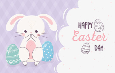 happy easter curious rabbit with eggs greeting card