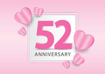 52 Years Anniversary Logo Celebration With heart background. Valentine’s Day Anniversary banner vector template