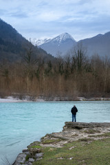 old man looking at the mountains, nature, peace, river