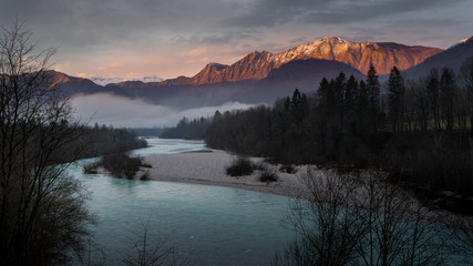river with mountains and sunset, croatia