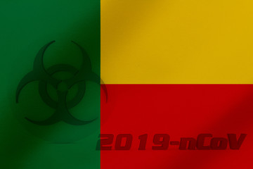 3D ILLUSTRATION VIRUS, BIOHAZARD SYMBOL CORONAVIRUS WITH Benin FLAG, Flu coronavirus floating, micro view, pandemic virus infection, asian flu.
