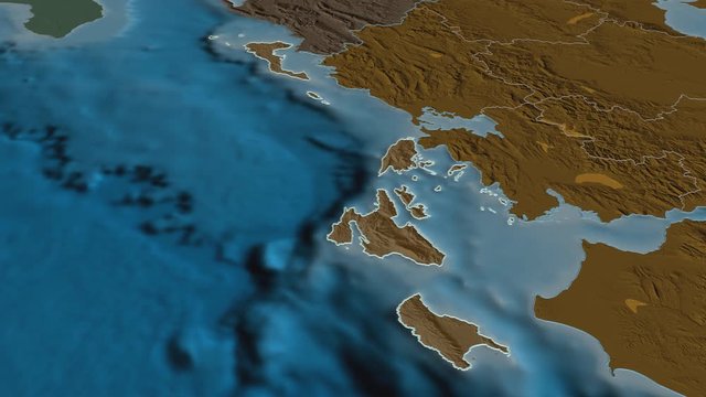 Ionian Islands, decentralized administration with its capital, zoomed and extruded on the administrative map of Greece in the conformal Stereographic projection. Animation 3D