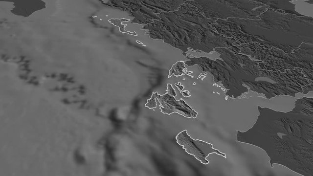 Ionian Islands, decentralized administration with its capital, zoomed and extruded on the bilevel map of Greece in the conformal Stereographic projection. Animation 3D