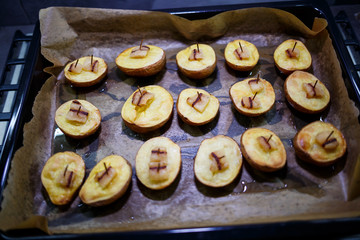 Baked chopped potatoes with lard