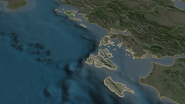 Ionian Islands, decentralized administration with its capital, zoomed and extruded on the satellite map of Greece in the conformal Stereographic projection. Animation 3D