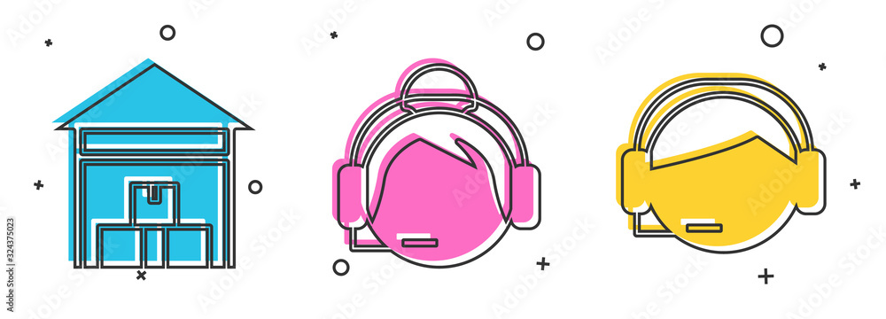 Poster set warehouse , support operator in touch and support operator in touch icon. vector