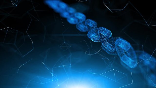 Blockchain animation with light on abstract lines and dots motion background. 